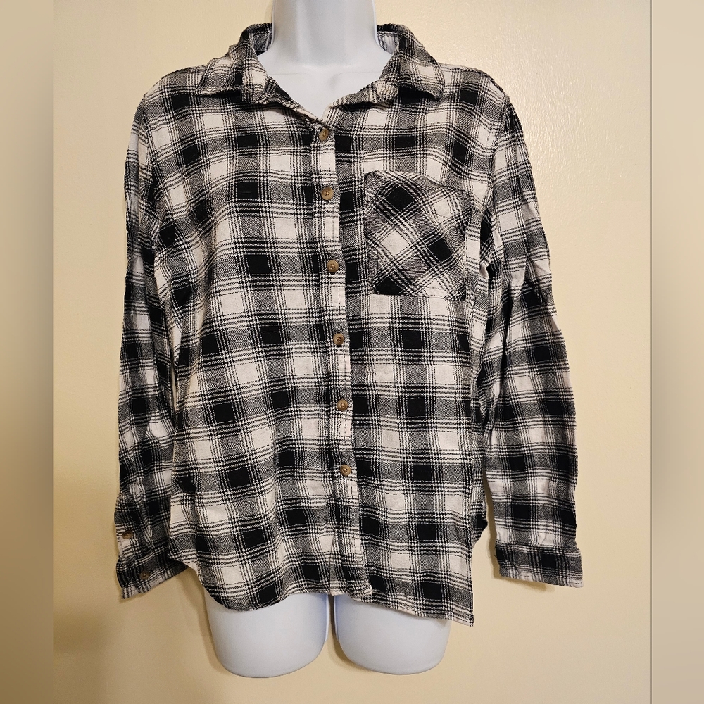 Project 28 Tartan Plaid Long Sleeve Button Down Shirt Cotton Black White…